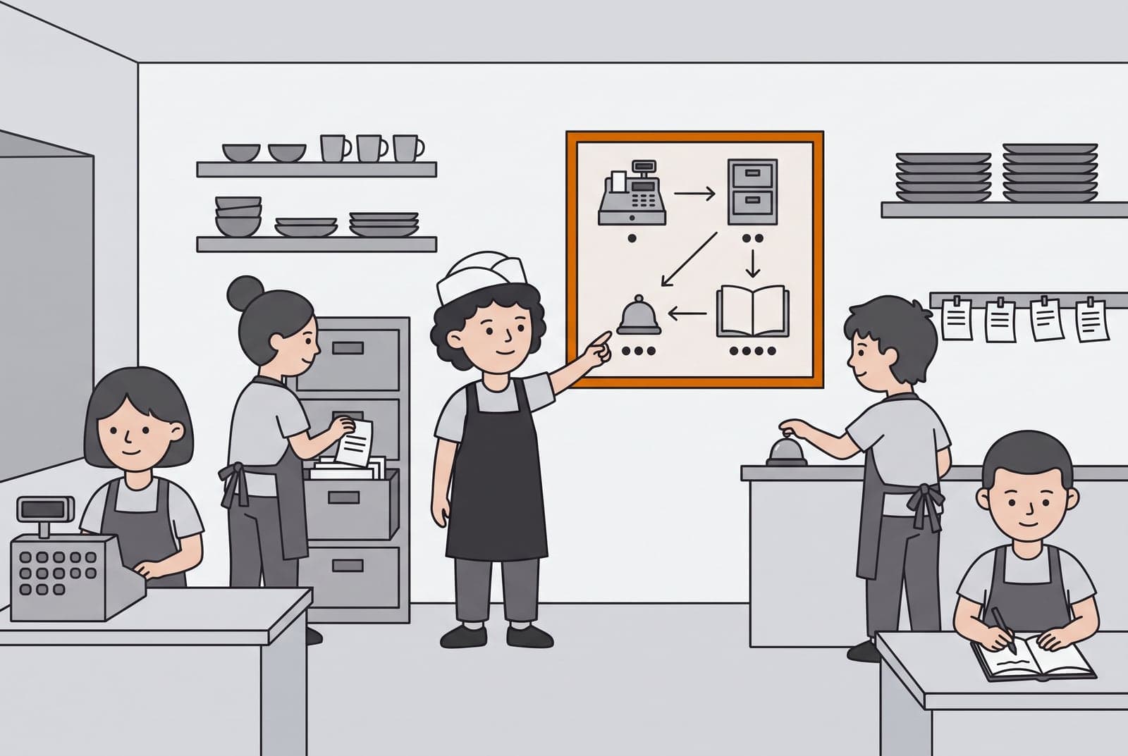 Sam pointing at a plan on the kitchen wall that shows a cash register, a filing cabinet, a bell and a notebook, while four helpers in grey aprons work at their own stations below it