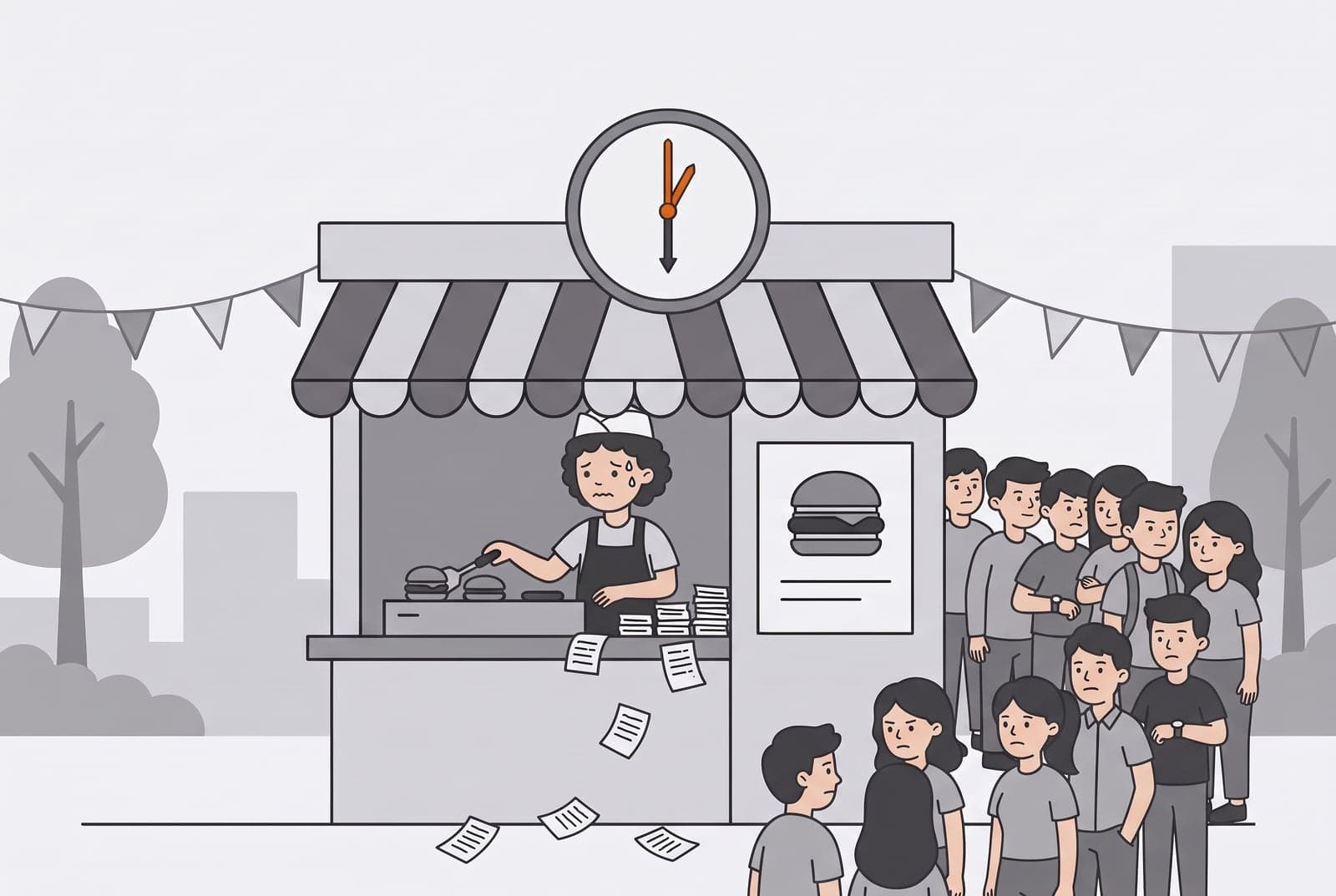 Sam alone behind a single burger stall at lunchtime, with a crowd of customers gathered by the counter, order slips on the ground and a clock on the roof