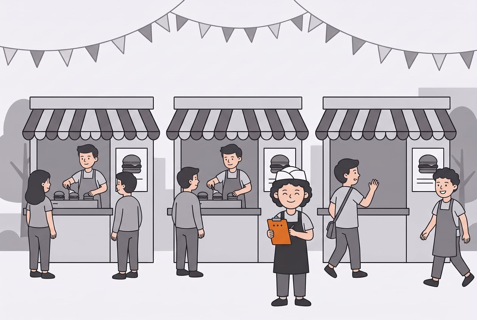 Sam smiling in front of three identical burger stalls, holding an orange clipboard. Cooks serve customers at the left and middle stalls, and at the right stall one cook walks away waving with a bag over his shoulder while a new cook in a grey apron walks in to take over