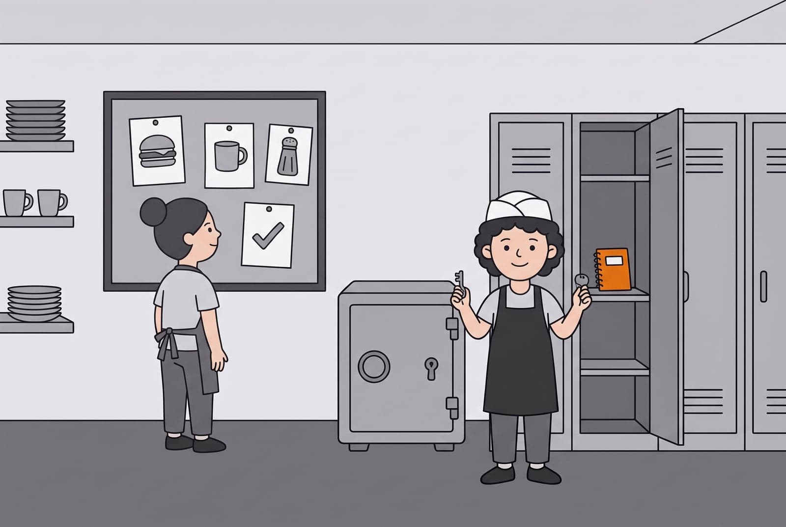 A back room with light grey walls. A helper in a grey apron reads a notice board with four pinned sheets showing a burger, a cup, a pepper shaker and a tick. Beside it stands a closed grey safe, and Sam stands in front of a row of lockers, smiling and holding up a key in each hand. The open locker behind Sam holds an orange notebook