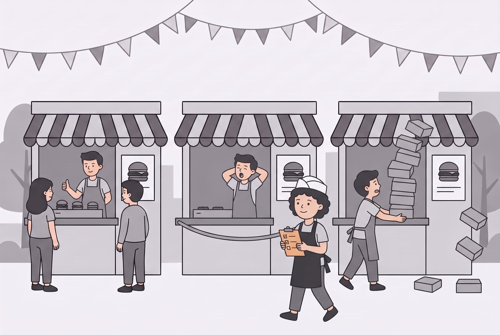 Three identical burger stalls on a quiet morning. At the left stall the cook gives a thumbs up while serving two customers. At the middle stall the cook yawns and stretches behind a rope hung across the counter, and nobody waits there. At the right stall a cook tries to carry a tower of boxes that is toppling over, with boxes falling to the ground. Sam walks past the stalls holding an orange clipboard with a checklist